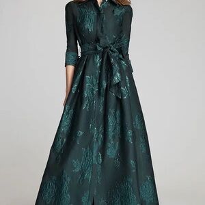 Teri Jon Metallica Jacquard Shirtdress Gown with Floral Print
